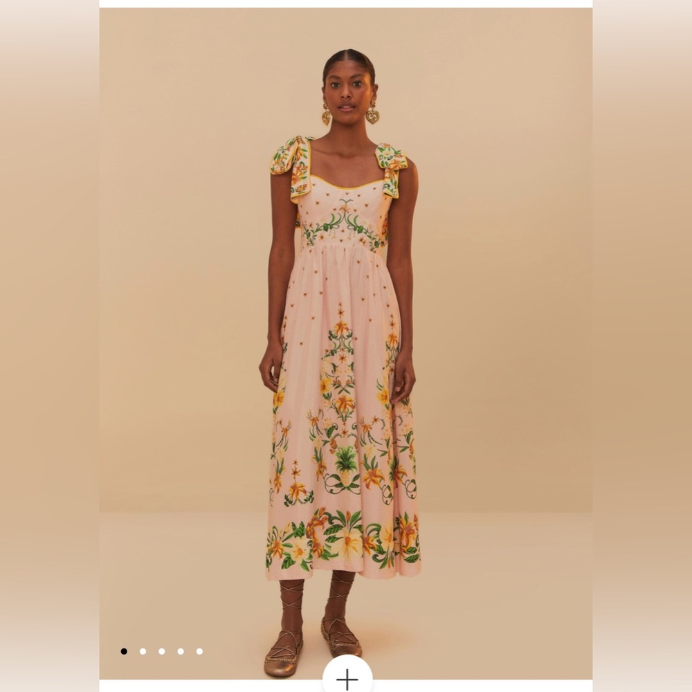 NWT Farm Rio Pink Botanical Beauty Shoulder Bow Midi Dress